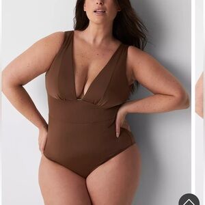 Cacique Swim Lane Bryant No-Wire Plunge One-Piece in Chocolate brown 10 NWT